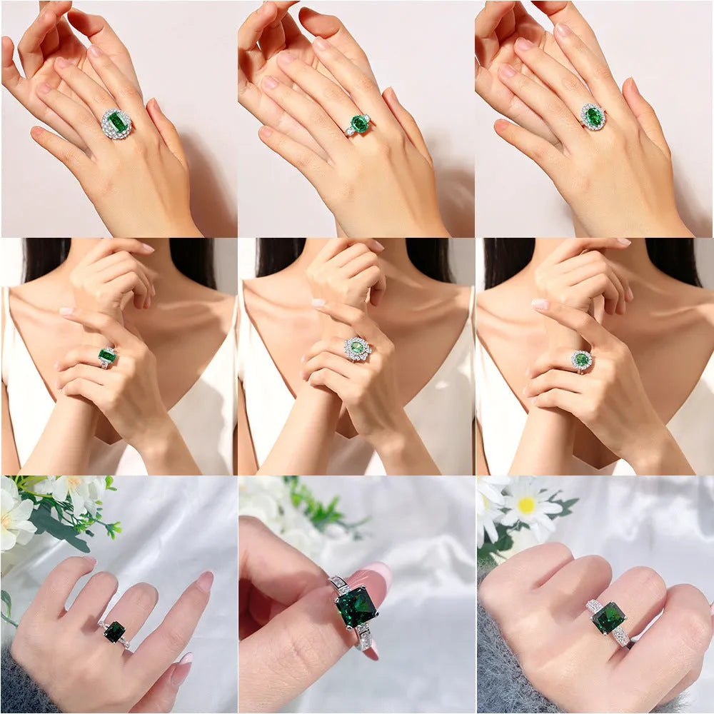 Geometric S925 silver women's ring with an emerald and inlaid high carbon diamond on a model's hand.