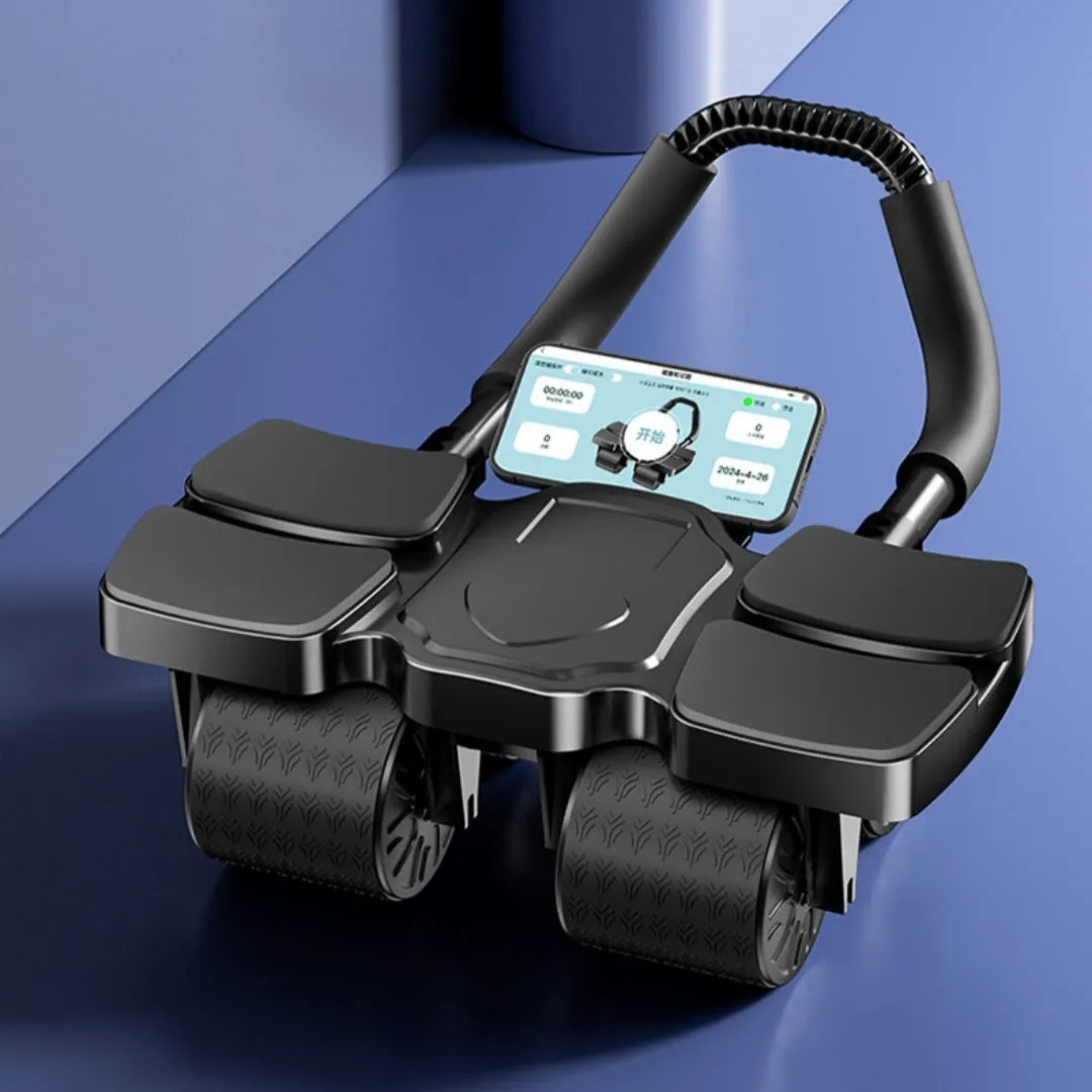 Black abdominal wheel with automatic rebound, four blue wheels, and ergonomic rubber handles on a gym mat.