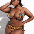 Women's three-piece bikini set with nylon top, bottom, and skirt in sizes XL to XXXXL