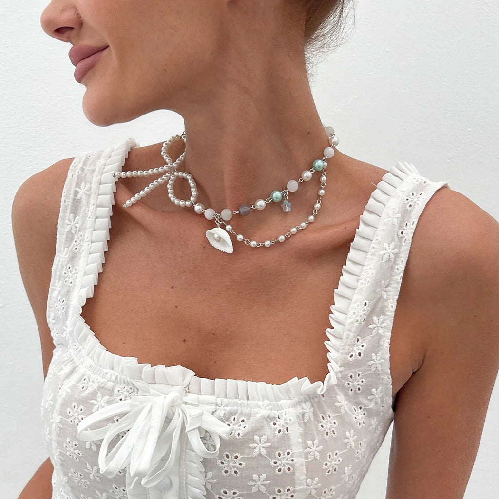 French pearl clavicle necklace with geometric shell pendant, Gold or White, 41-50cm chain