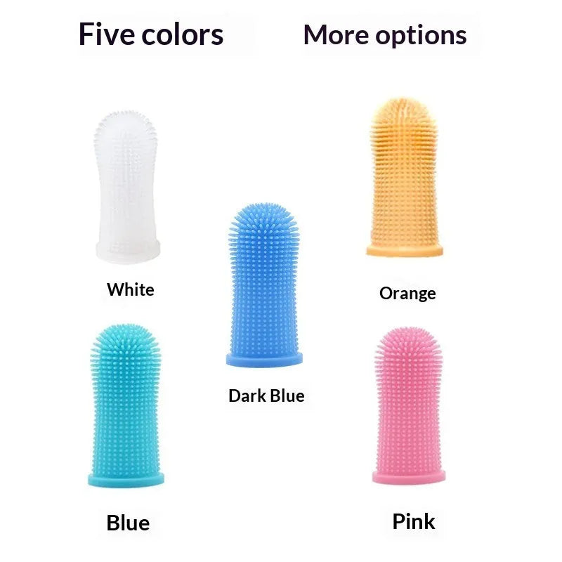 360-degree silicone finger toothbrush for dogs and cats with deep oral cleaning finger sleeve, available in multiple colours
