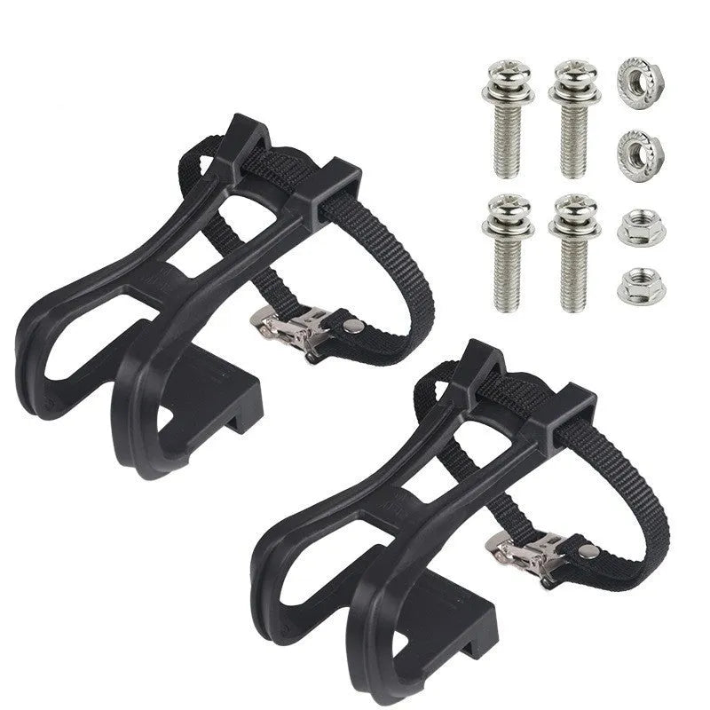 Fitness spinning pedal foot holder rope kit with plastic sets, metal bolts, and flange nuts on black background