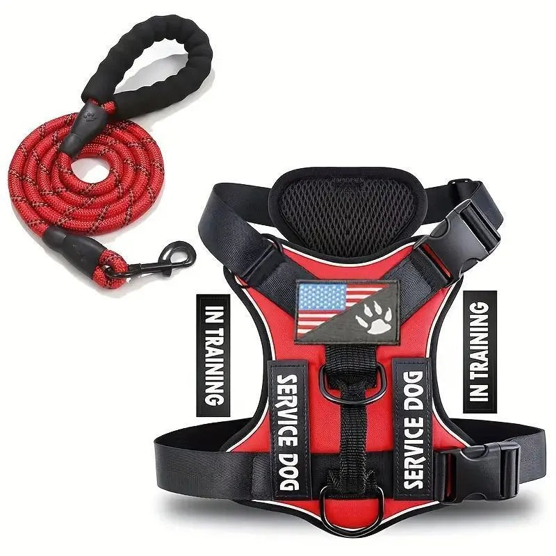 Red nylon dog chest strap with attached leash, featuring hand grip and adjustable buckles