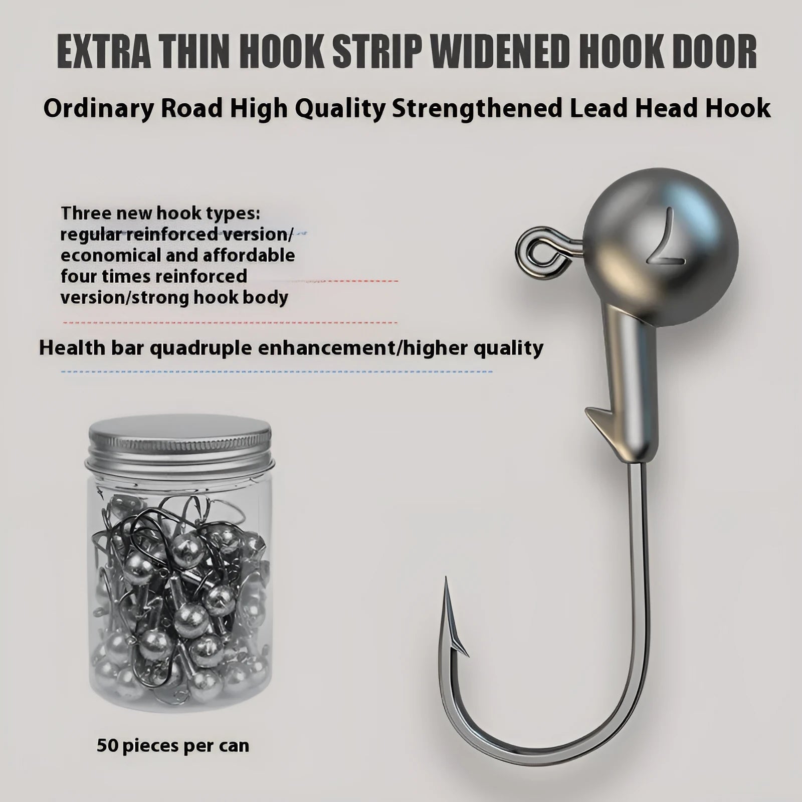 Set of 50 primary colour 7G lead-headed fishing jig hooks with enhanced strength steel construction.