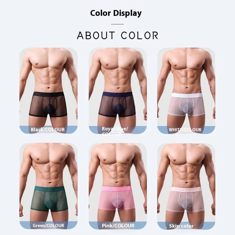 Men's solid colour thin boxer shorts in quick-dry polyester fabric on a size chart