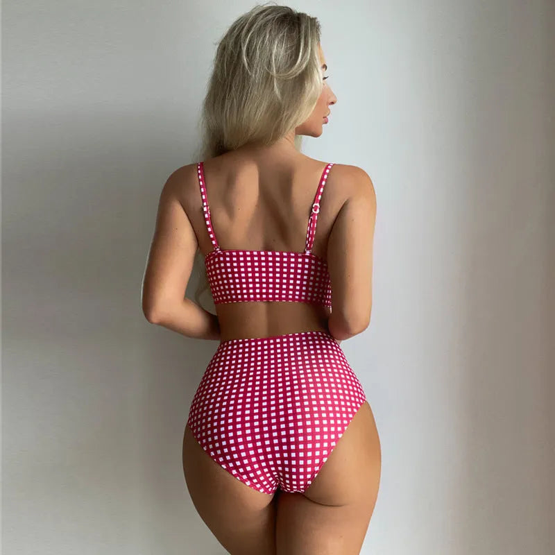 Women's plaid bikini swimsuit with high-waisted briefs in rose red, black, blue, and sky blue colour options