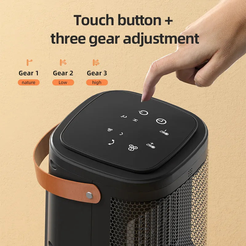Silver digital heating radiator with a touch screen display and remote control on a wooden floor.