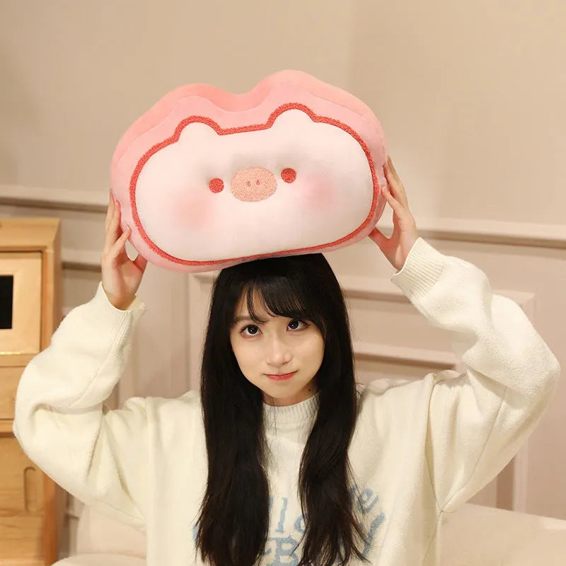 Cheese shaped plush pillow with cute kitten design in caramel colour, 40cm size