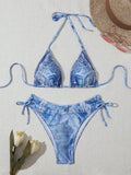 Women's denim blue printed bikini suit with strap detailing
