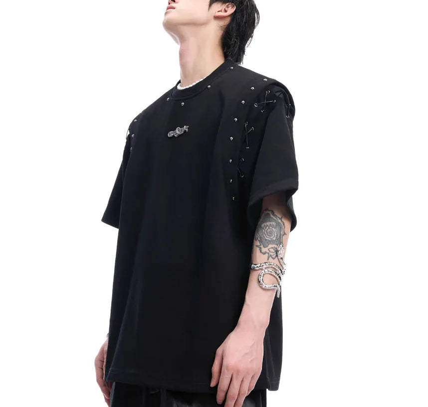 Deconstructed lace-up cutout short sleeve T-shirt in black and white colour options