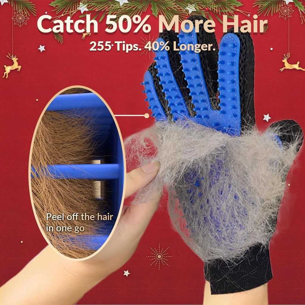 Blue pet grooming gloves with silicone massage tips for dogs cats horses hair removal
