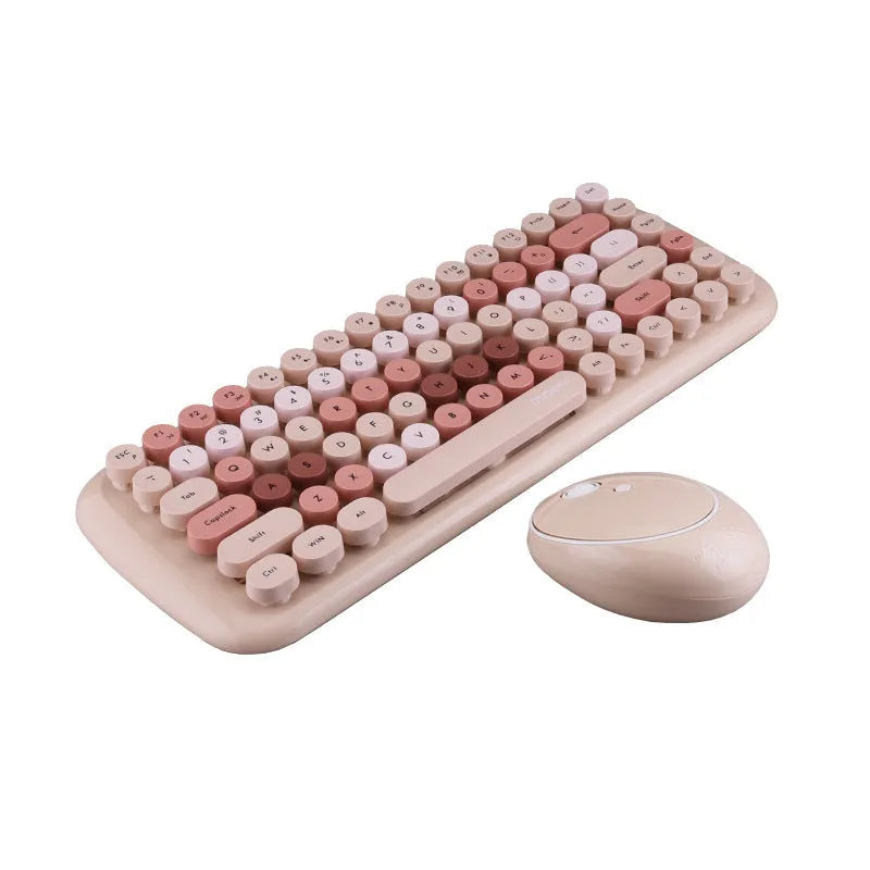 Mini wireless keyboard and mouse set in blue, green, pink, yellow, and milk tea colours on desk