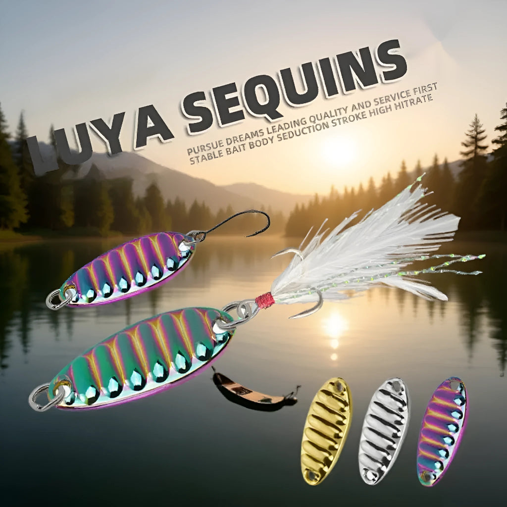 Sequins colourful light sea water offset feather hook plastic fake fish bait lure in gold, silver, or colourful finish