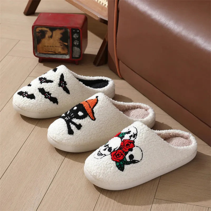 Halloween skull rose slippers with thickened plush upper and TPR sole, white background
