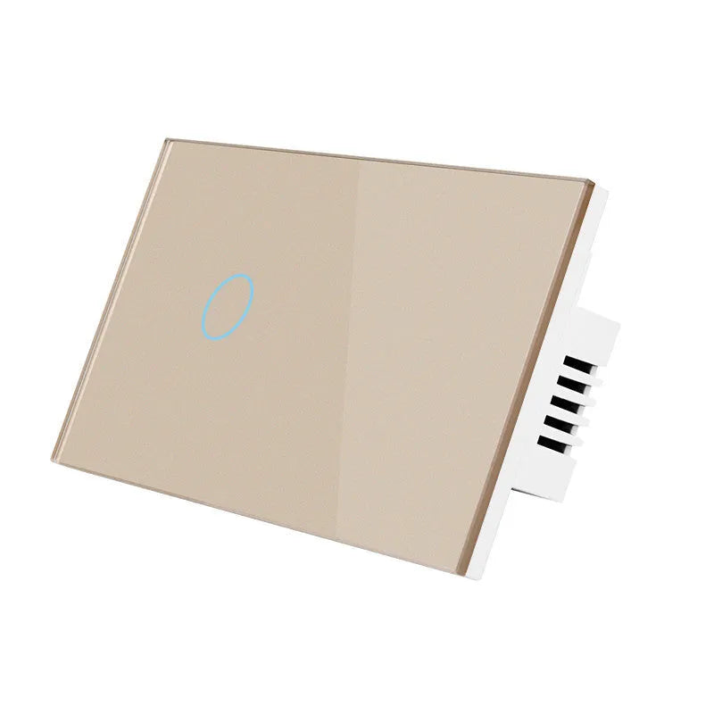 White 2-gang RF remote touch light switch with tempered glass panel and LED indicators