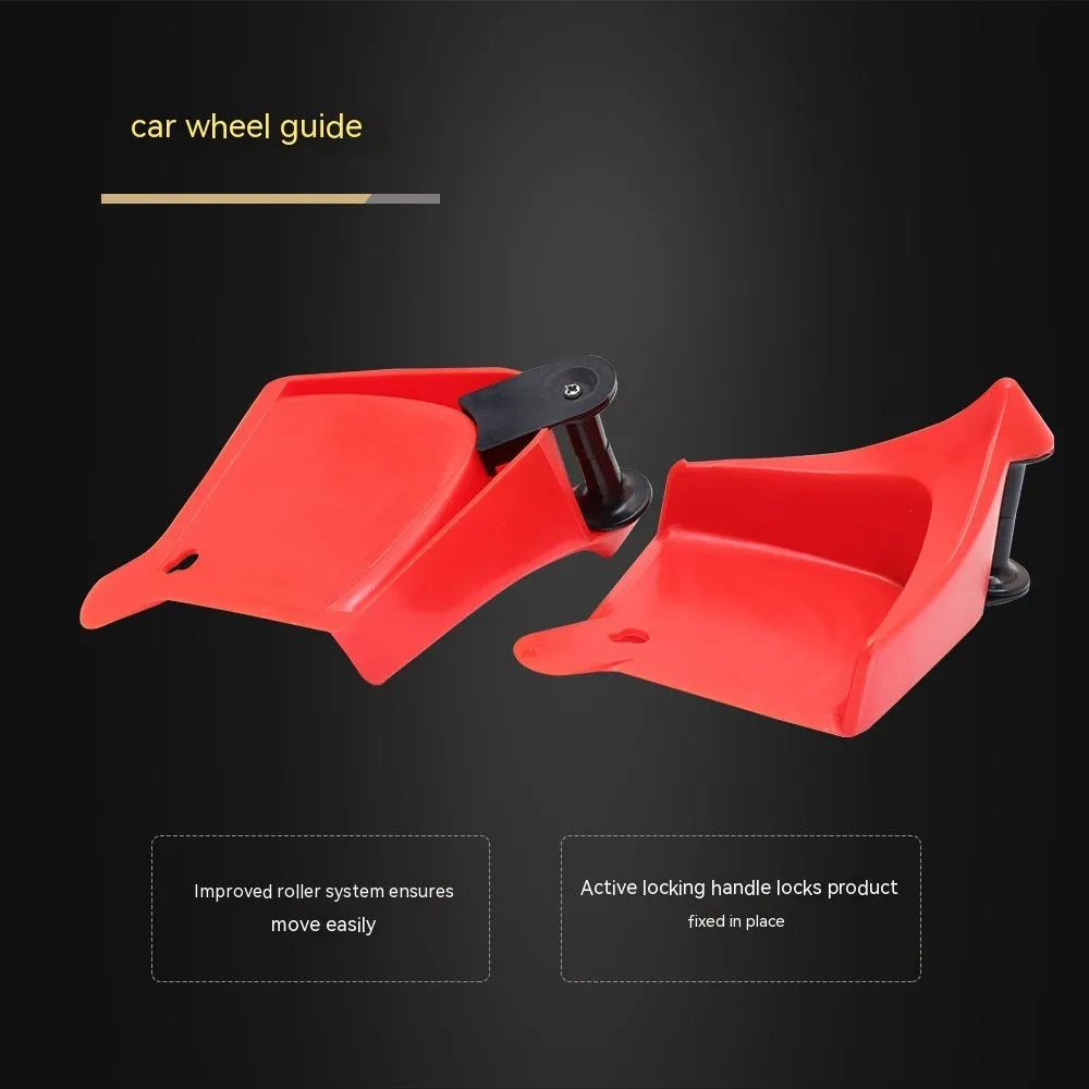 Set of four bright red triangular plastic car parking blocks on a surface.