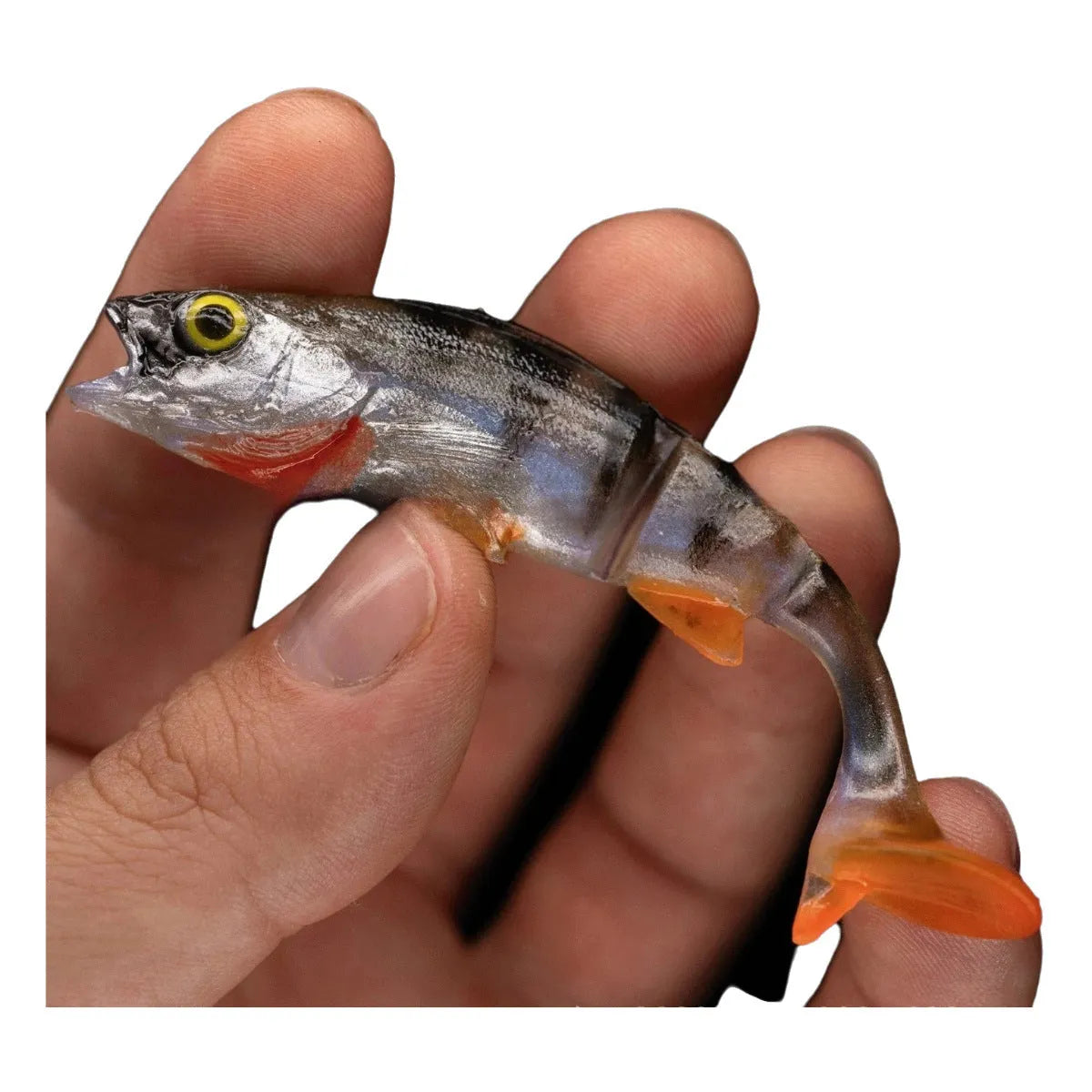 Two soft plastic fishing lures with fish T-tail scissor design and realistic fish colour pattern
