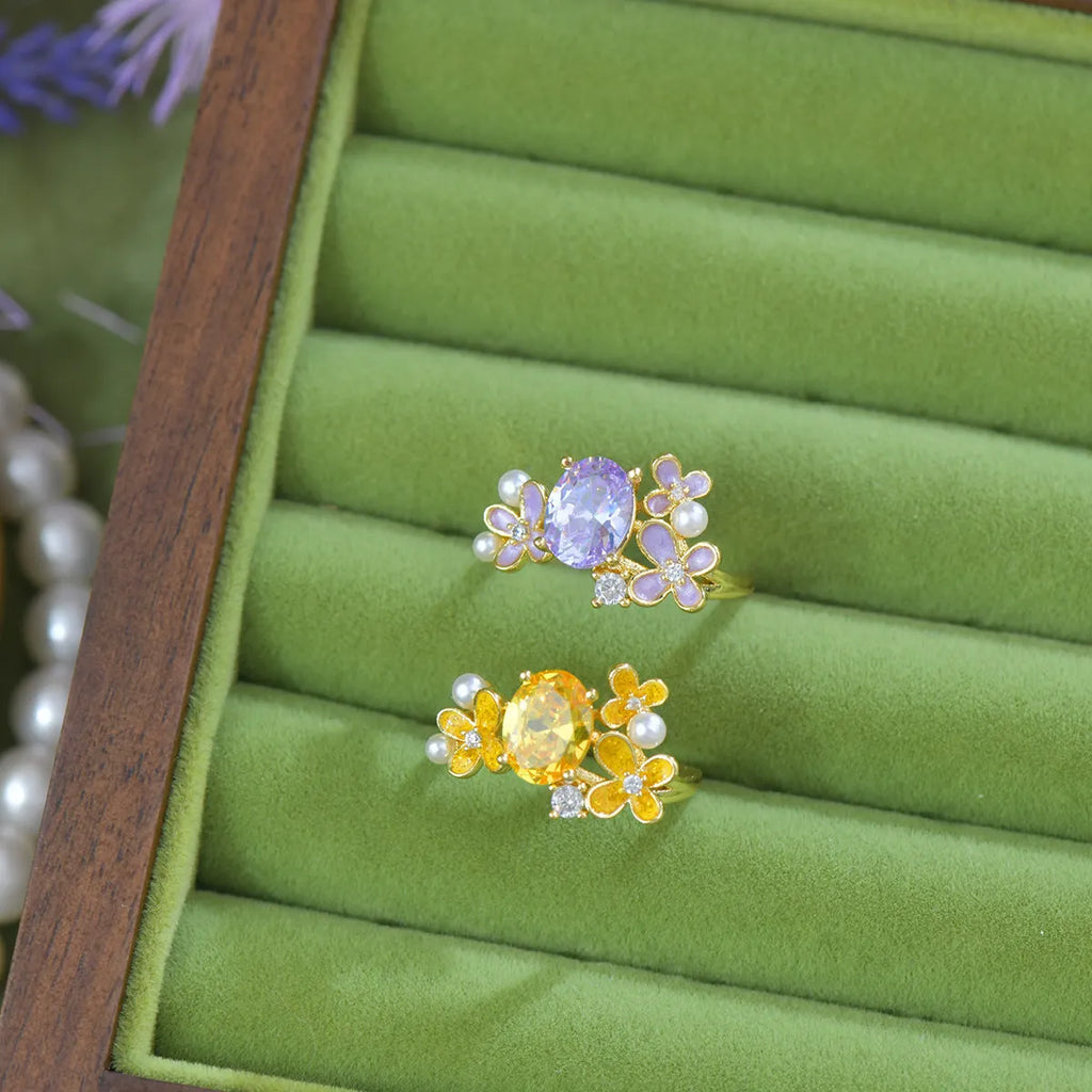 Women's flower pearl zircon open ring in yellow and light purple colours with adjustable metal design