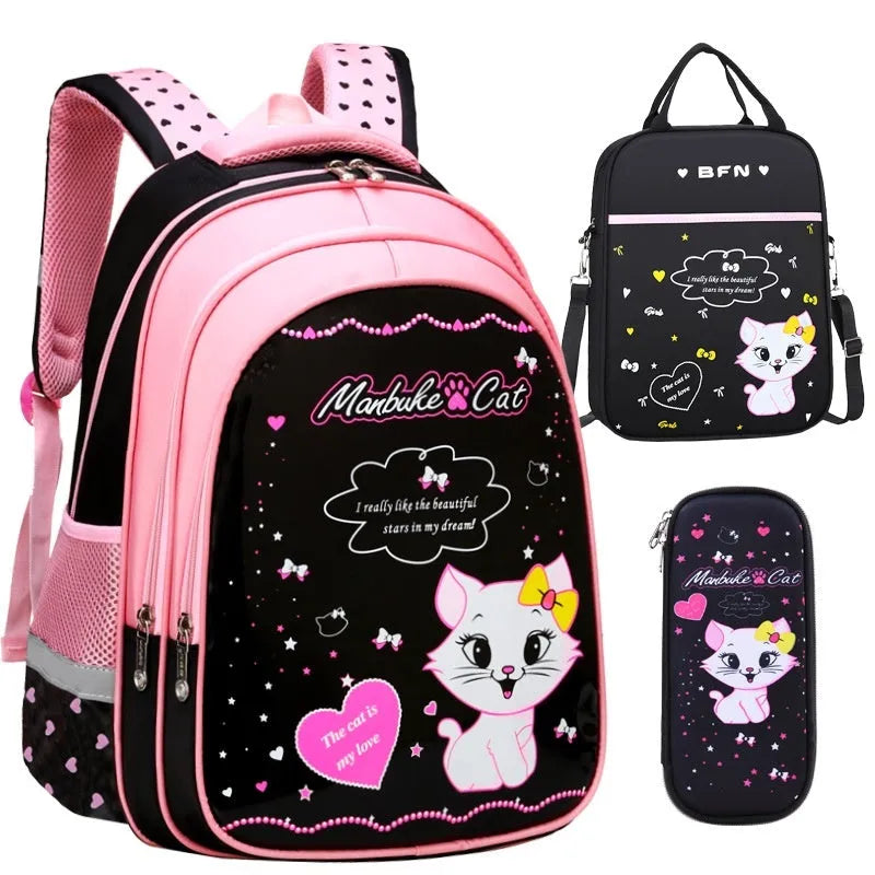 Blue kids school backpack with cute cat print showing front zipper compartment and shoulder straps