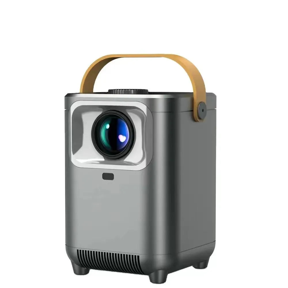 Portable all-in-one HD projector in gray with 720p resolution and 120 lumens brightness