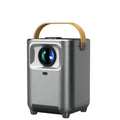 Portable all-in-one HD projector in gray with 720p resolution and 120 lumens brightness