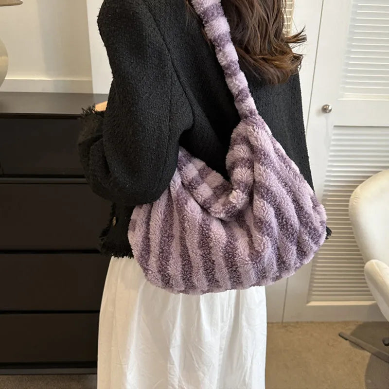 Large-capacity striped plush tote shoulder bag for women in winter, available in multiple colours