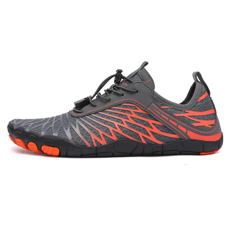 Low-top white outdoor sports shoes with lace-up front and textured rubber sole.