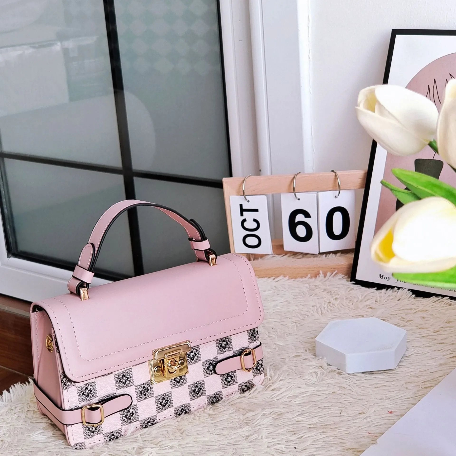 Retro square patterned women's crossbody bag in PU leather showing floral design.