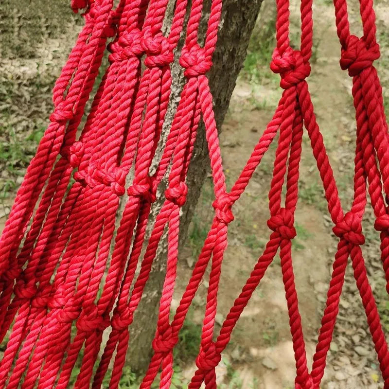 Nylon rope mesh outdoor hammock measuring 1.1m wide with tying components