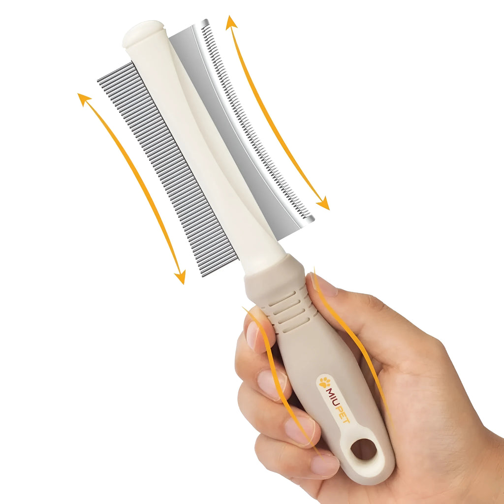 White double-sided dog and cat grooming brush with a curved comb and deshedding bristles on an ergonomic handle.