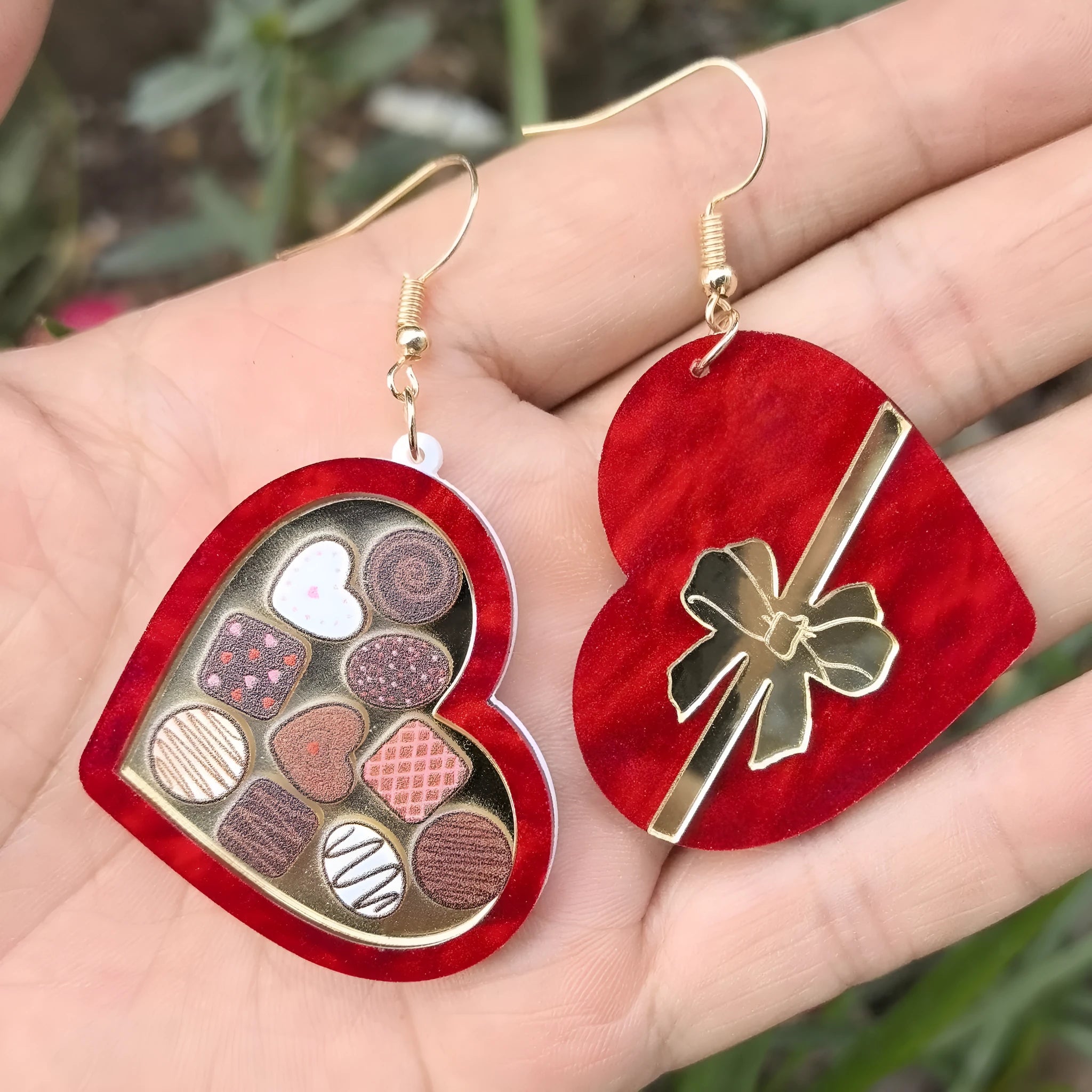 Red acrylic heart-shaped drop earrings with ice cream design, measuring 6.3 x 3.8 cm, in a gift box.