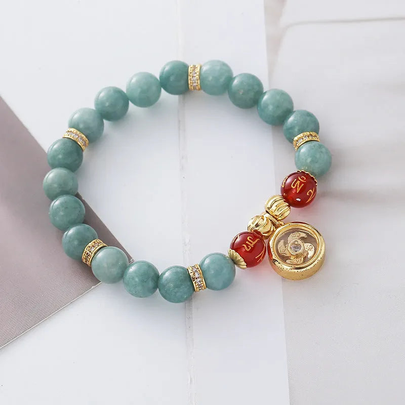 Natural agate bracelet with geometric jade-toned beads and lotus seedpod design