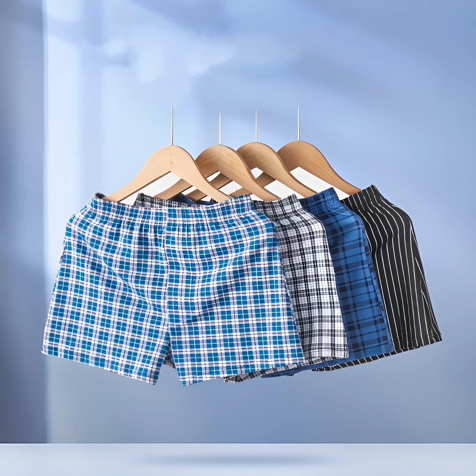 Plus-sized cotton men's mid waist boxers in black stripe pattern, sizes up to 6XL