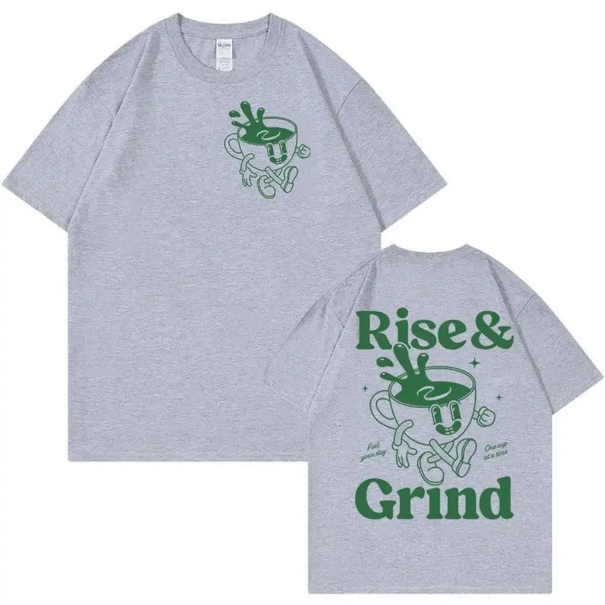 Loose fit men's linen t-shirt in a solid colour with a printed Rise And Grind cartoon graphic on the front.