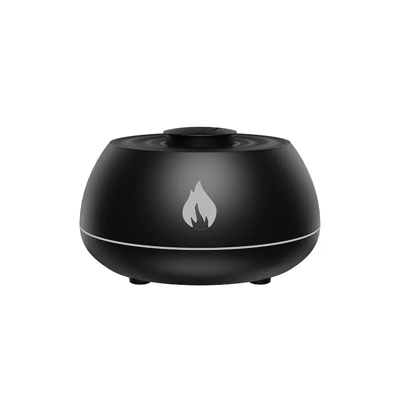 Black flame effect humidifier diffuser with LED lights on a wooden surface