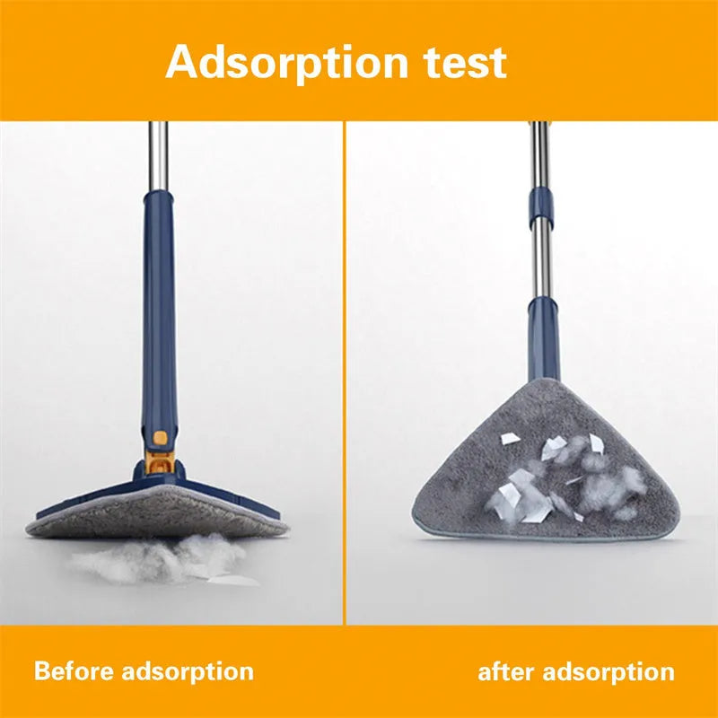 Blue extendable triangle cleaning mop with rotating head and microfiber cloth on a stainless steel pole.