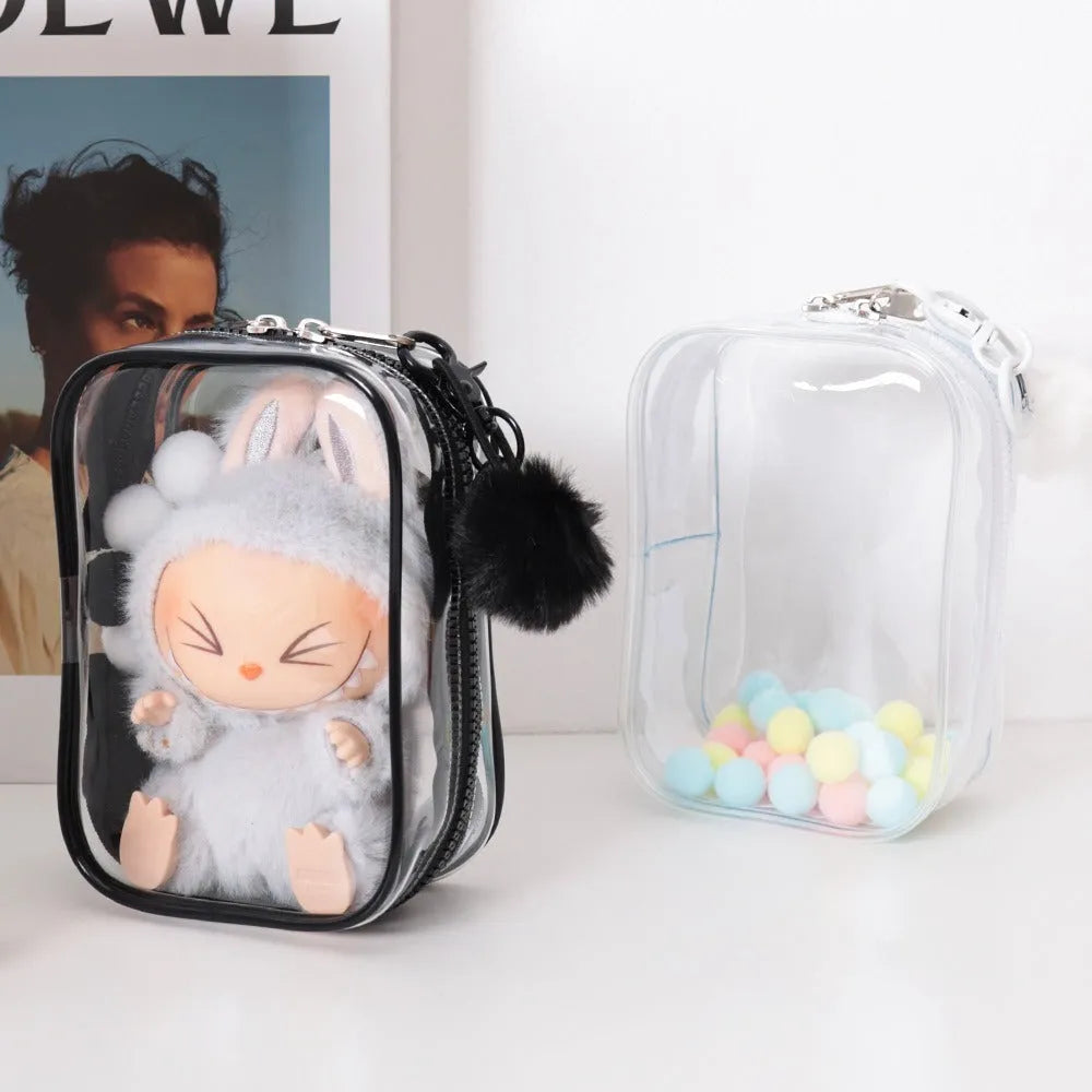 Semi-transparent PVC makeup bag in black, pink and white colours with Labubu design, customisable logo options