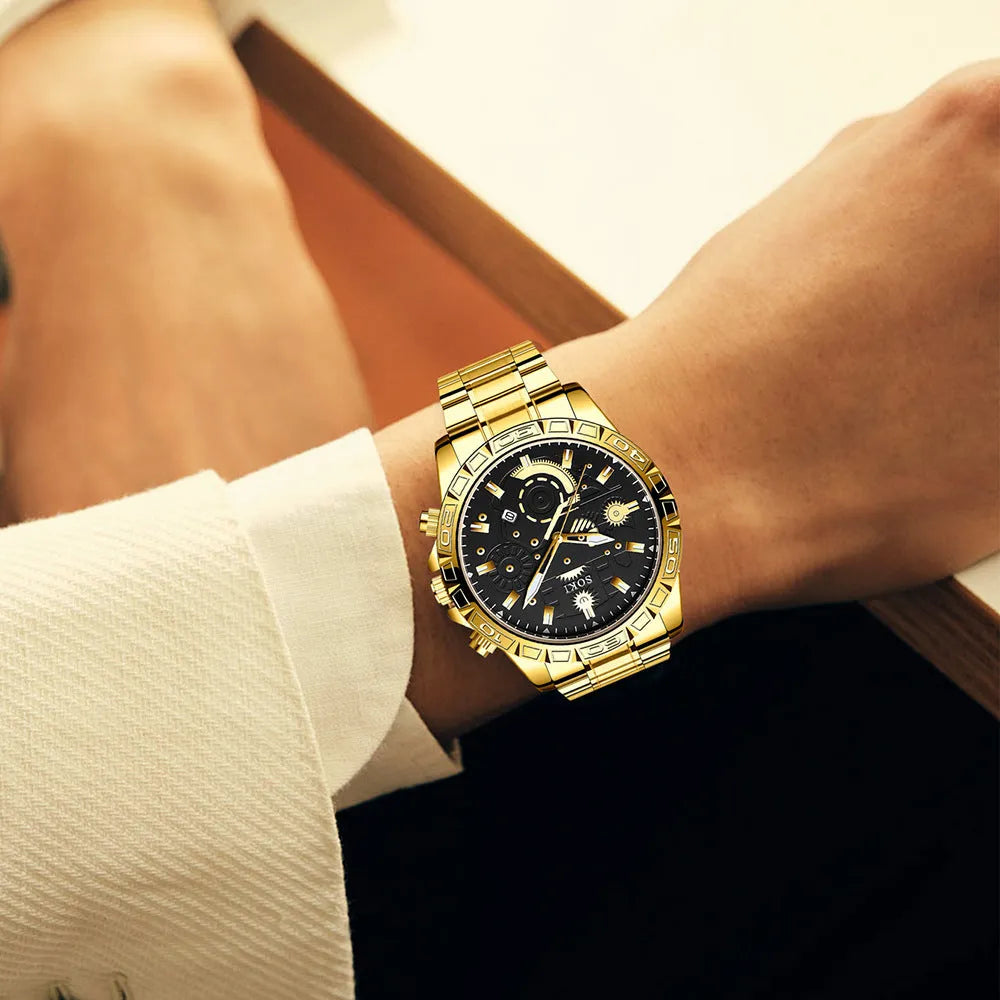 Gold men's business watch with stainless steel strap and calendar on dial
