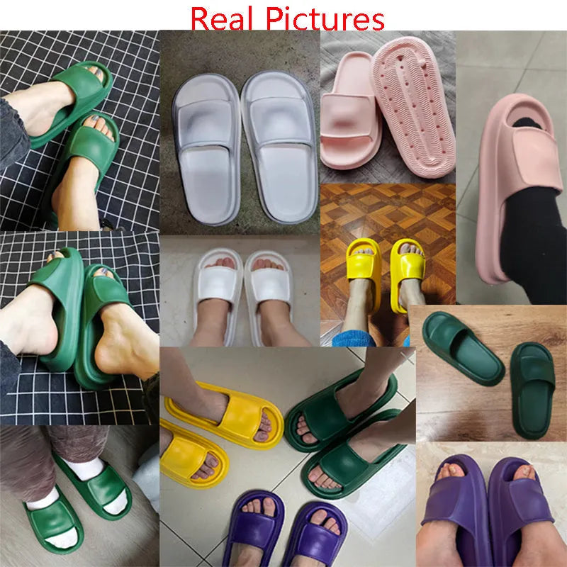 Soft EVA slippers with thick non-slip sole in various colours on a bathroom floor.