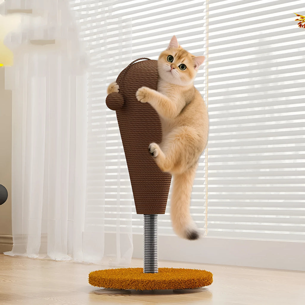 Sisal cat scratch board with dangling braided hemp rope toy and attached treat ball on a wooden base.