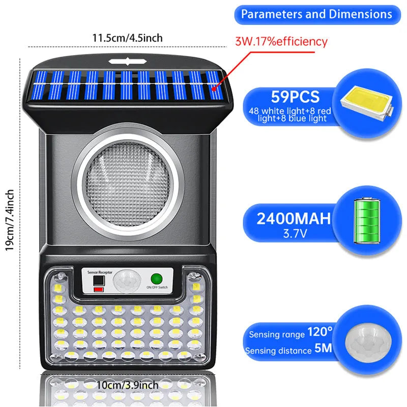 Outdoor solar wall light with 59 LEDs, black ABS+PC housing, IP65 waterproof, motion sensor with remote control