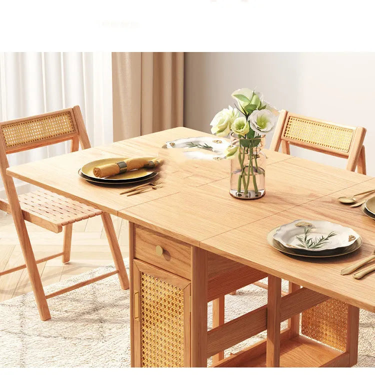 Home Multifunctional Rattan Log Folding Dining Table in original wood colour, folded for storage