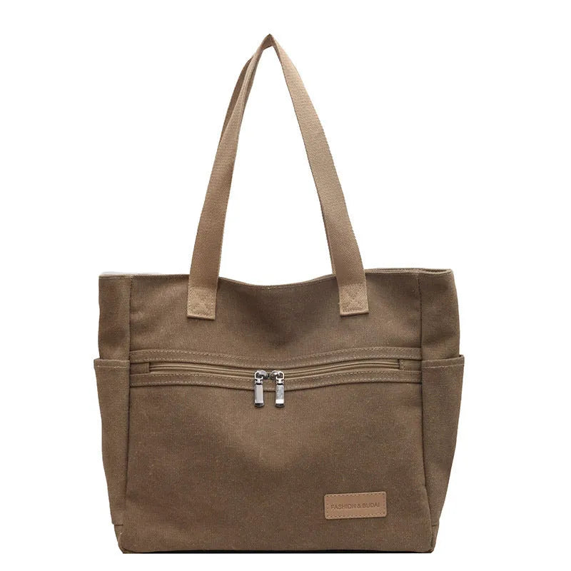 Canvas shoulder bag women's tote handbag in gray with contrast stitching and double shoulder straps