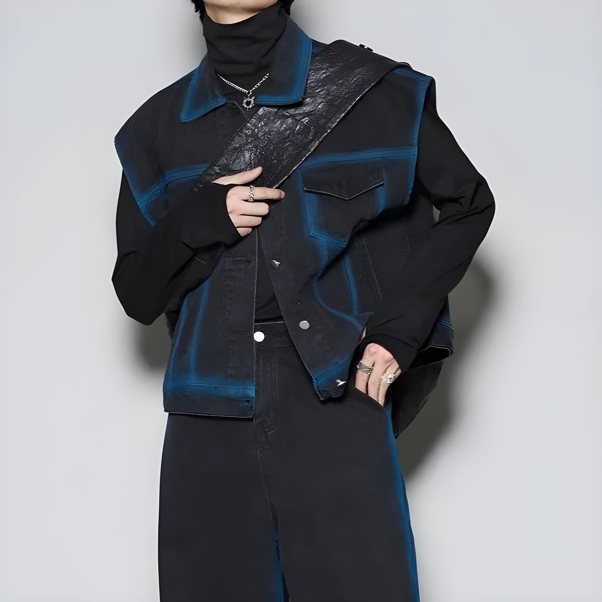 Men's blue fleece-lined distressed denim vest and jeans co-ord suit set on a hanger.