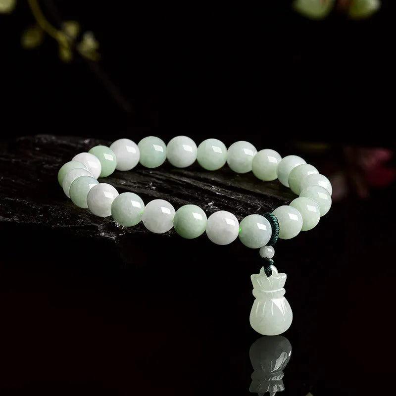 Unisex jade flower purse bracelet with 8mm beads in a national style.