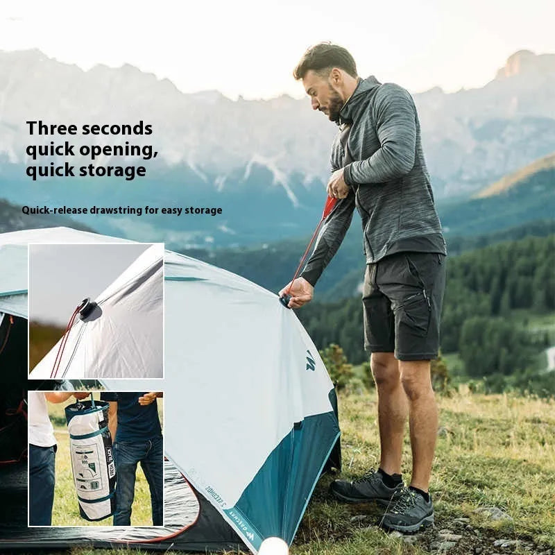 Blue and white quick-open thickened rain-proof camping tent for 2 people with FRP frame