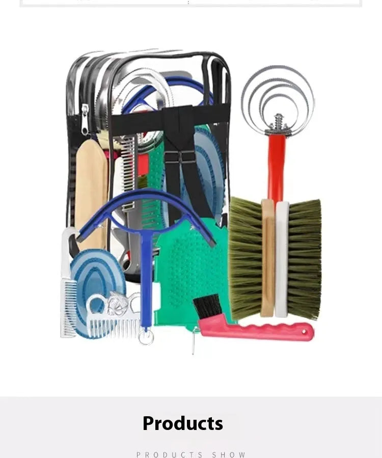 Complete horse grooming brush set with ten tools including brushes, combs, scraper and storage bag