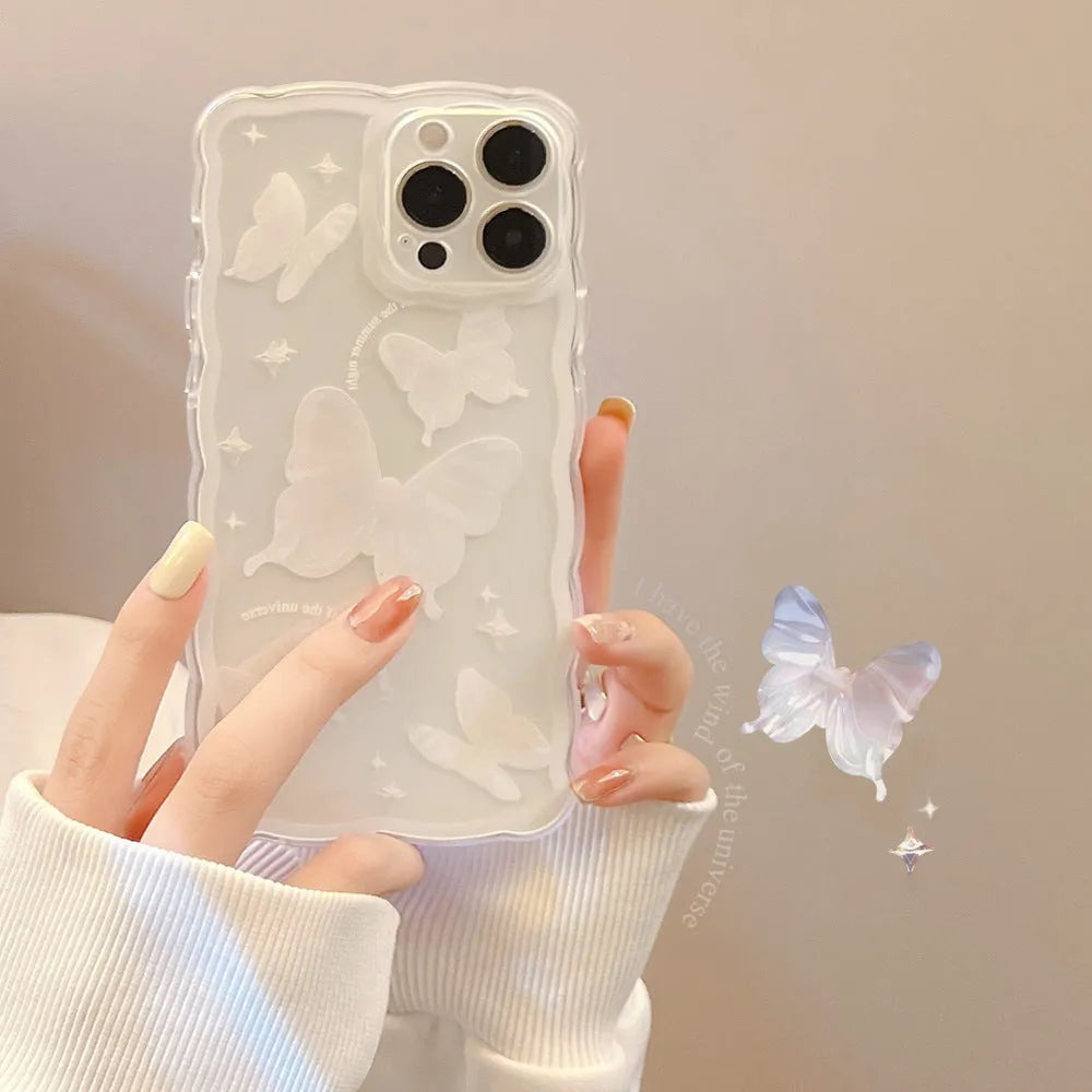 Simple butterfly transparent TPU phone case for iPhone 12-15, white crystal butterfly design