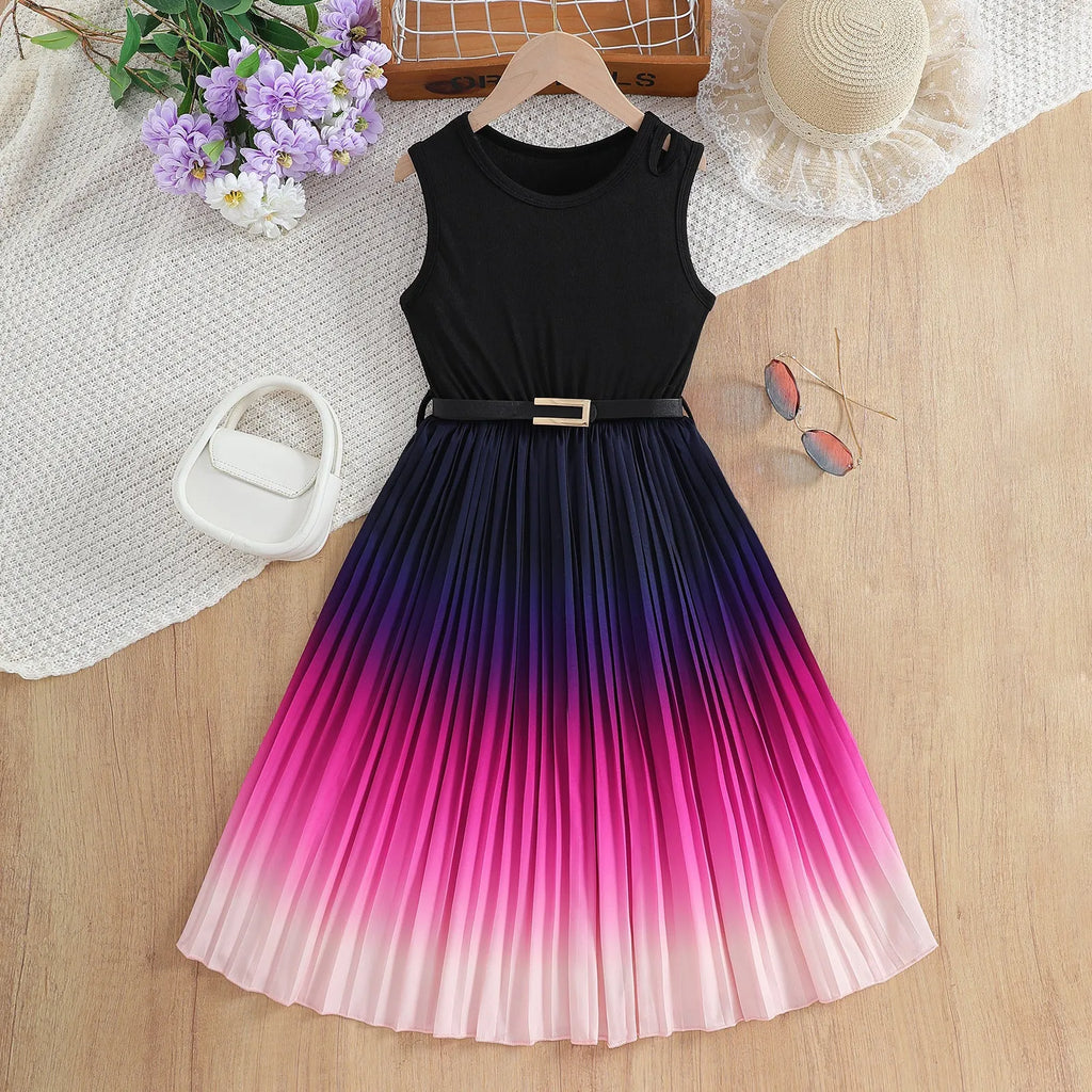 Girls cartoon gradient polyester dress, sizes 110cm to 150cm, suitable for ages 8-12