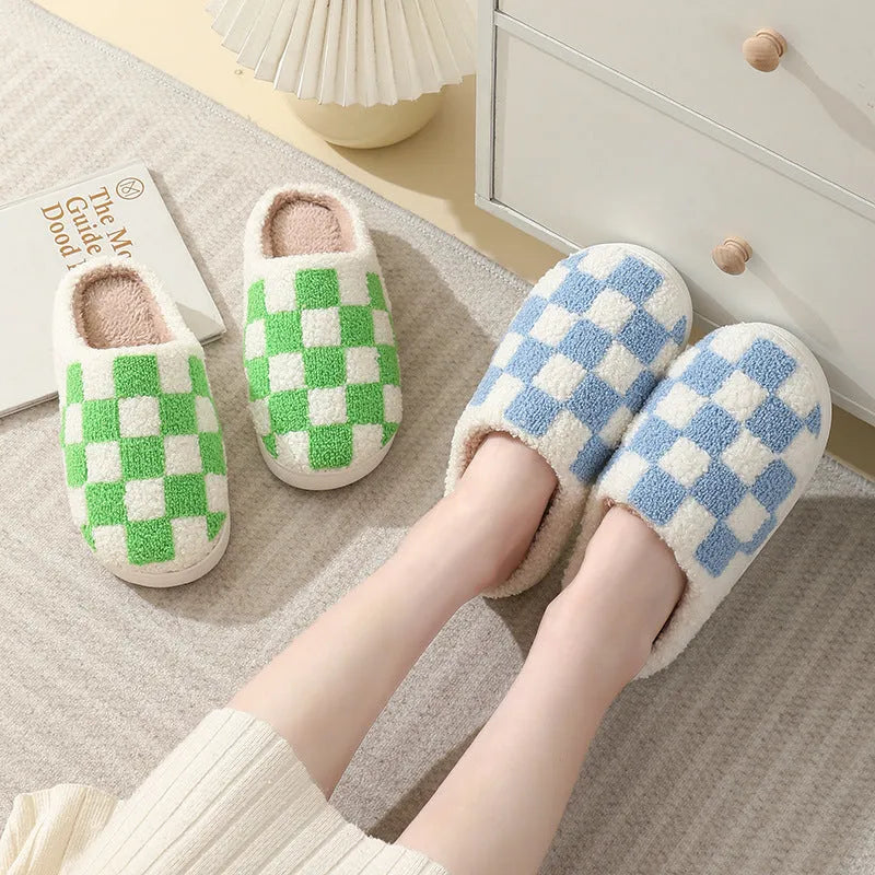 Checkerboard print winter house slippers with suede upper and TPR sole in black, watermelon red, blue and green
